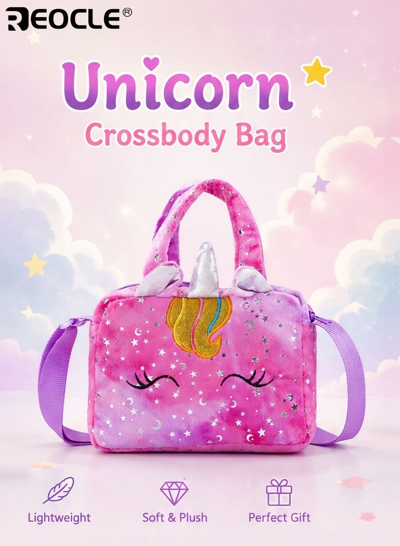 REOCLE Girl's Cartoon Unicorn Messenger or Hand-Held Bag Equipped with Adjustable Shoulder Straps and Hand Straps Easy Zipper Closure PP Cotton Filling Perfect for Birthday Presents - Image 1