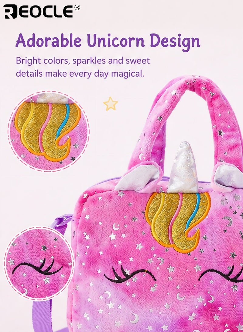 REOCLE Girl's Cartoon Unicorn Messenger or Hand-Held Bag Equipped with Adjustable Shoulder Straps and Hand Straps Easy Zipper Closure PP Cotton Filling Perfect for Birthday Presents - Image 2