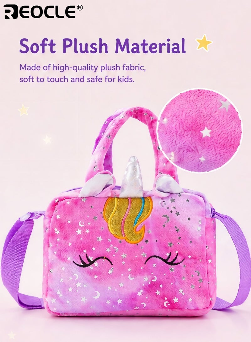 REOCLE Girl's Cartoon Unicorn Messenger or Hand-Held Bag Equipped with Adjustable Shoulder Straps and Hand Straps Easy Zipper Closure PP Cotton Filling Perfect for Birthday Presents - Image 4