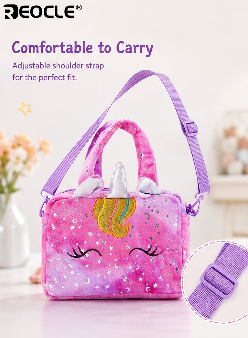 REOCLE Girl's Cartoon Unicorn Messenger or Hand-Held Bag Equipped with Adjustable Shoulder Straps and Hand Straps Easy Zipper Closure PP Cotton Filling Perfect for Birthday Presents - Image 5