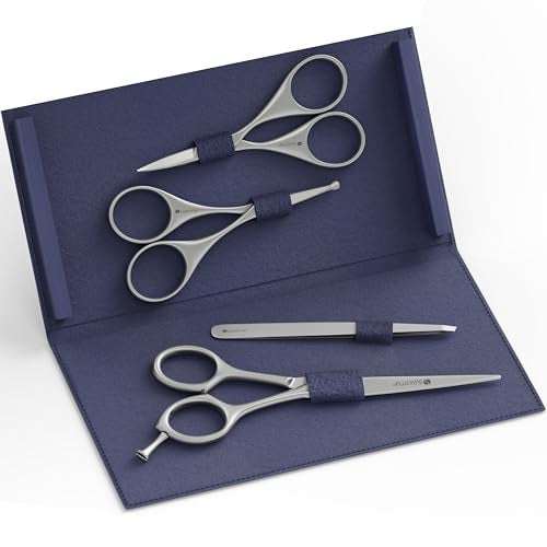 Suvorna Premium Beard Mustache Set with Beard scissors for men Facial HairNoseEyebrow Scissors Slant Tweezers 4 Pcs Dark Blue - Image 1