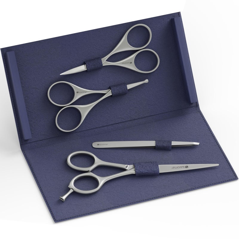 Suvorna Premium Beard Mustache Set with Beard scissors for men Facial HairNoseEyebrow Scissors Slant Tweezers 4 Pcs Dark Blue - Image 2