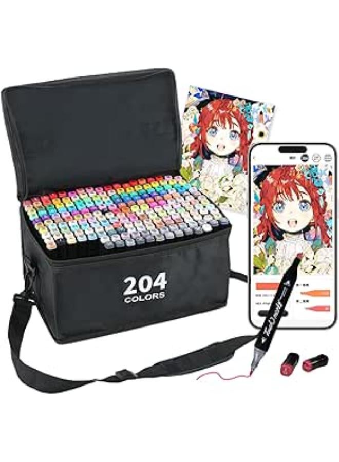 مجموعة فوكيولر الفنية بالكحول، ٢٠٤ لونًا، مجموعة أقلام تلوين مع تطبيق، قلم تحديد بالكحول، مجموعة لوازم فنية، هدية احترافية، رسام كاريكاتير، للأطفال، للكبار