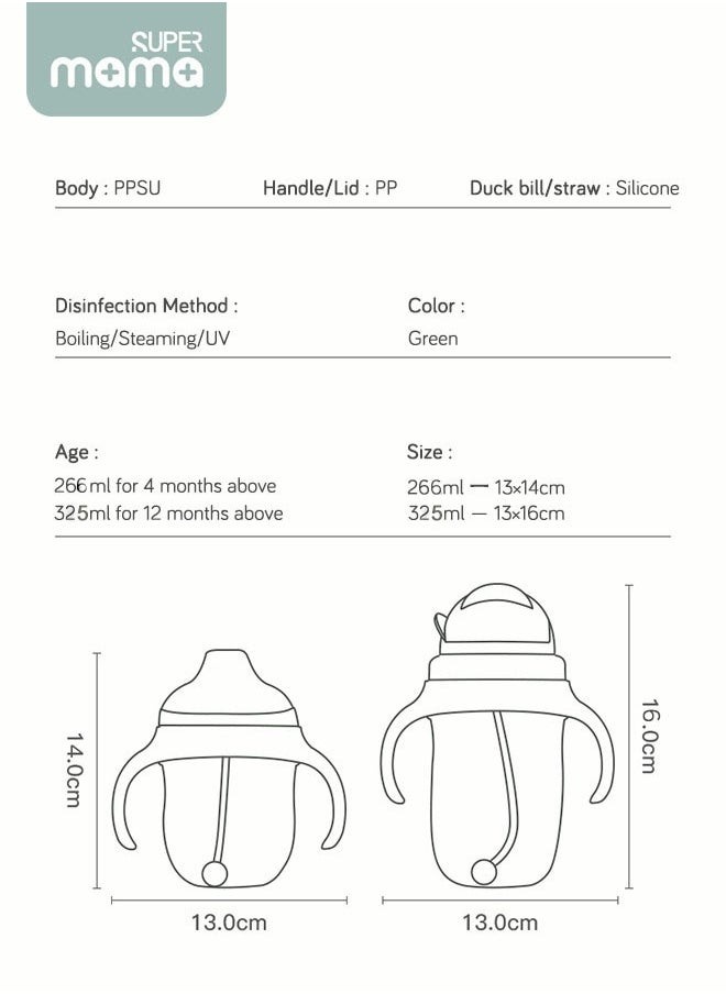 SUPERMAMA - PPSU Baby Sippy Cup Boys and Girls Toddler Straw Cups Kids Water Bottle Spill Proof for School Outdoor Or Indoor BPA Free Easy To Hold Green 325ml - Image 1