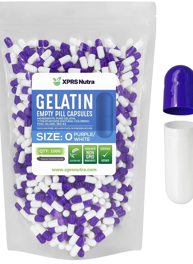 XPRS Nutra Size 0 Empty Capsules - 1000 Count Empty Gelatin Capsules - Empty Pill Capsules - DIY Capsule Filling - Pure Bovine Pill Capsules Empty Gel Caps (Purple/White)