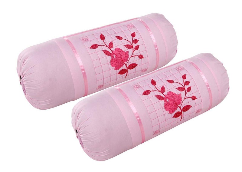 Outlay Home Embroidery Microfibre Bolster Cover (32 * 16 inches), Set of 2 Diwan Pillow Cover | Bolster Cover for Sofa Living Room, Masand Cover, Pink - Image 1