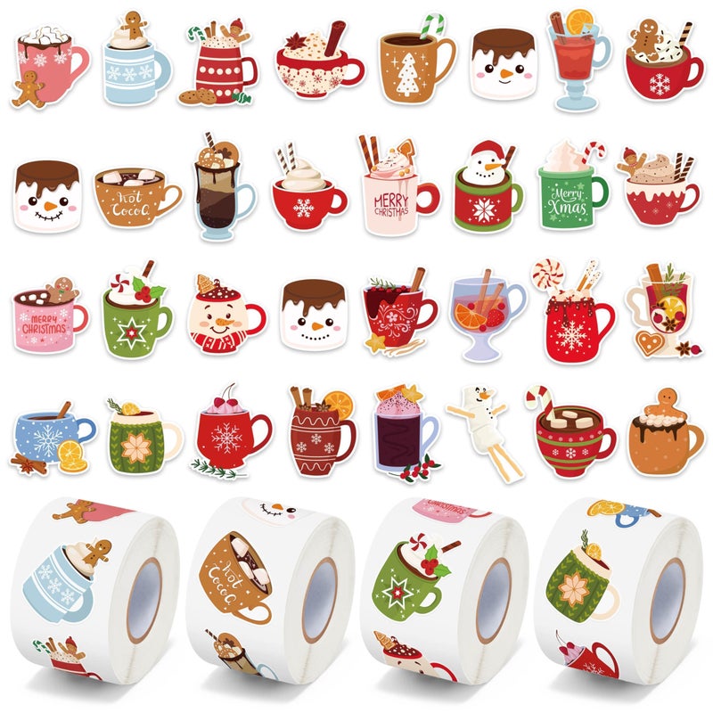 CNhoqc Christmas Cocoa Sticker Roll 2000 Pcs Winter Hot Cocoa Mug Marshmallow Waterproof Vinyl Decal Reusable Laptop Sticker Scrapbook Water Bottle Junk Journal Party Supplies Skateboard Travel Case - Image 3