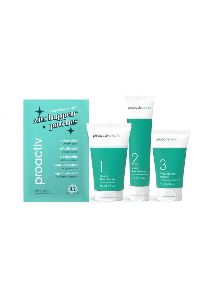 Proactiv - Proactiv Clean 3 Step Acne Routine w/ Pimple Patches- Sulfur Acne Treatment Cleanser, Azelaic Acid Serum, and Facial Moisturizer for Sensitive, Acne-Prone Skin- 30 Day Acne Kit with Pimple Patches - Image 1