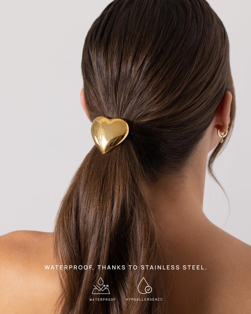 PAVOI 14K Yellow Gold Plated Waterproof Chunky Heart Metal Hair Cuff for Women - Stainless Steel Statement Ponytail Cuff Fashion Accessories - Valentines Day Stretchy Gold Hair Ties for Ponytails - Image 2