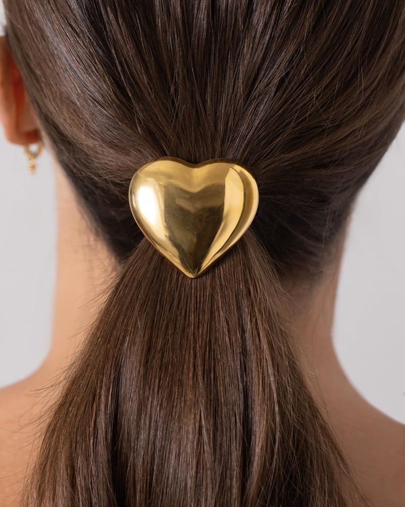 PAVOI 14K Yellow Gold Plated Waterproof Chunky Heart Metal Hair Cuff for Women - Stainless Steel Statement Ponytail Cuff Fashion Accessories - Valentines Day Stretchy Gold Hair Ties for Ponytails - Image 4