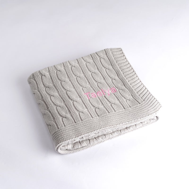 Lovingly Signed Personalized Luxury Baby Cable Knit Blanket - Grey - Image 1