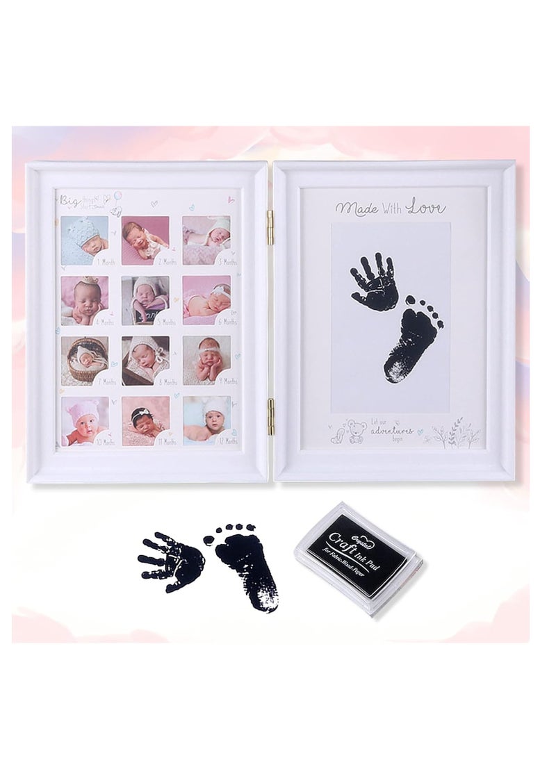 عربست إطار صور السنة الأولى للطفل، مجموعة بصمات اليدين وبصمات الأقدام للطفل مع لوحة حبر، هدية الطفل في 12 شهرًا من مراحل نموه، تذكار سجل نمو الطفل للأم/المولود الجديد (أبيض قابل للطي) - Image 1
