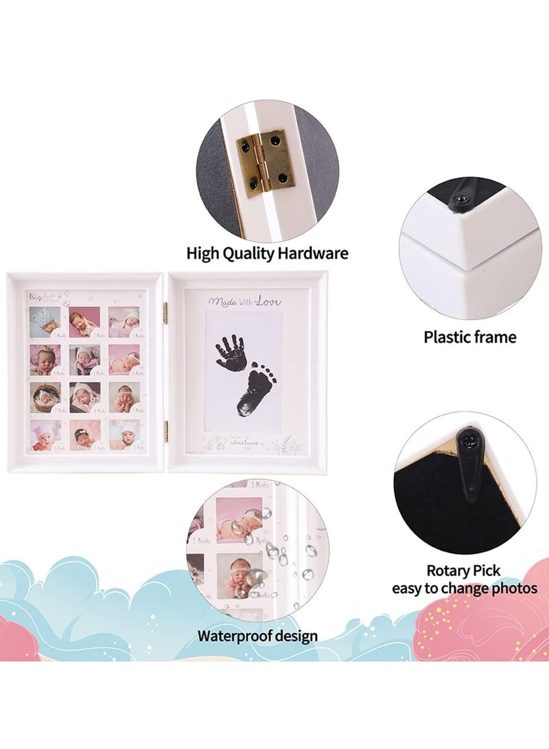 عربست إطار صور السنة الأولى للطفل، مجموعة بصمات اليدين وبصمات الأقدام للطفل مع لوحة حبر، هدية الطفل في 12 شهرًا من مراحل نموه، تذكار سجل نمو الطفل للأم/المولود الجديد (أبيض قابل للطي) - Image 4