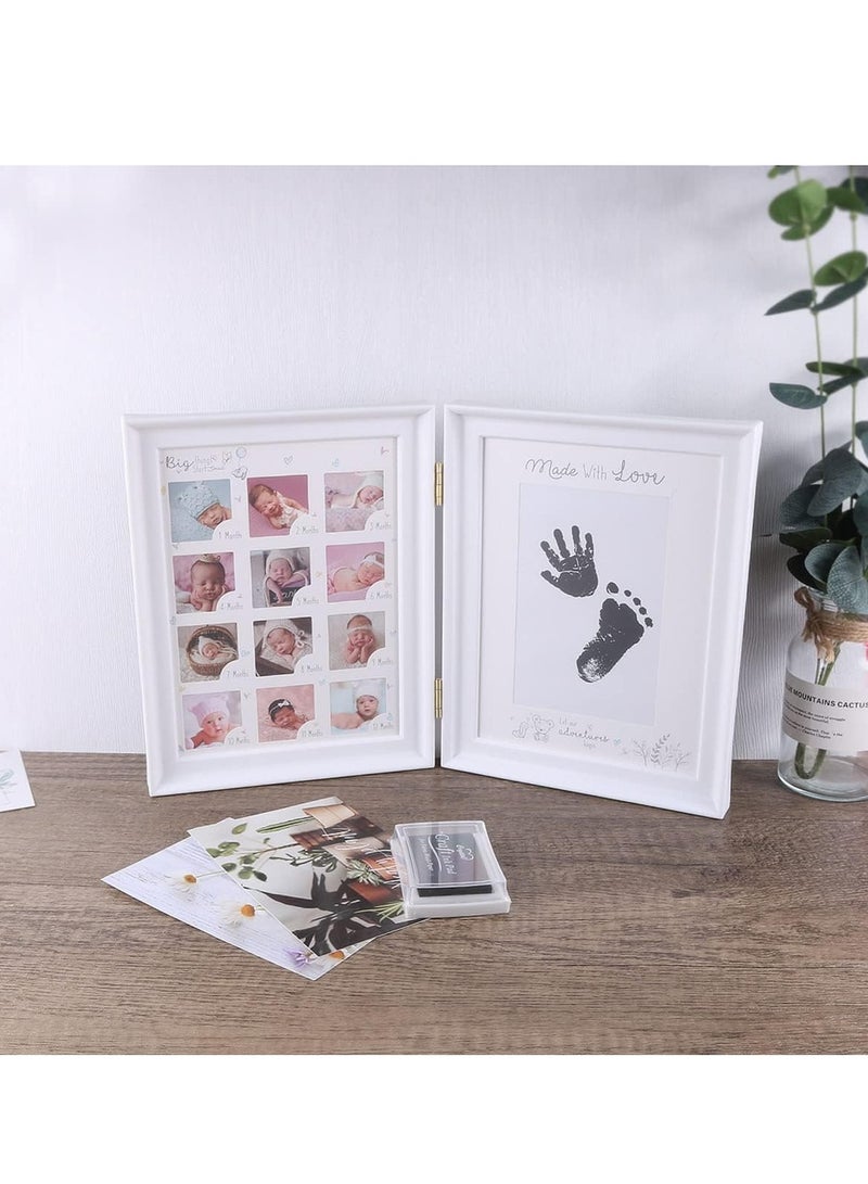 عربست إطار صور السنة الأولى للطفل، مجموعة بصمات اليدين وبصمات الأقدام للطفل مع لوحة حبر، هدية الطفل في 12 شهرًا من مراحل نموه، تذكار سجل نمو الطفل للأم/المولود الجديد (أبيض قابل للطي) - Image 5