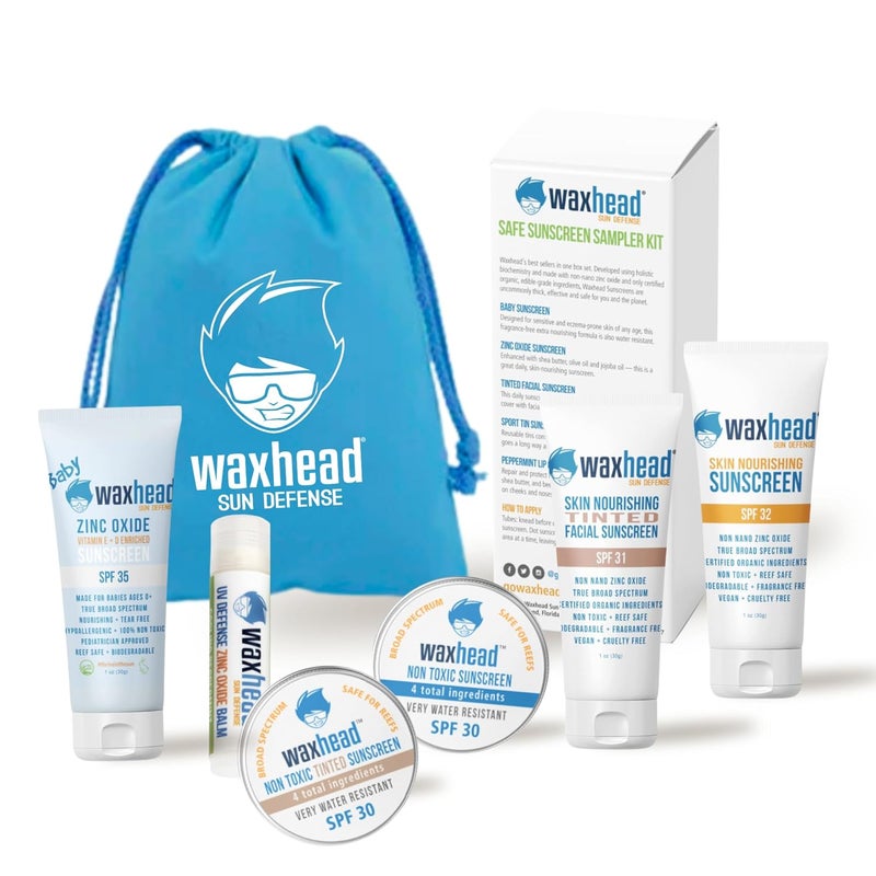 Waxhead Sun Defense Foods Waxhead Travel Size Sunscreen Sampler Box - Non-Nano Zinc Oxide, Coral Reef Safe, Biodegradable Sunblock SPF 30. Zinc Lip Balm, Solid Mini Paste Tins (.5oz) Tinted, Baby + Everyday (1oz) in Canvas Bag 