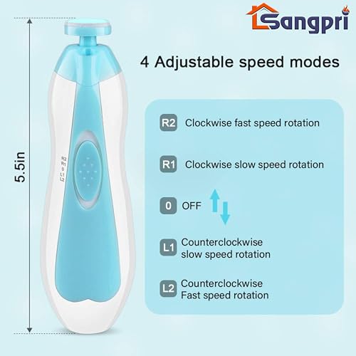 Sangpri Baby Nail Trimmer – Nail Clipper with LED Light and 6 Grinding Head for Newborns, Infants, and Toddlers – Quiet, Easy to Use, Battery Operate (Battery Not Included) (Blue) - Image 4