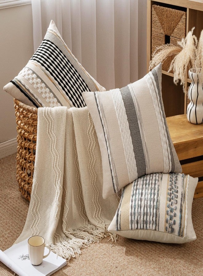 ANRODUO Pack of 2 Boho Decorative Throw Pillow Covers 20x20 Farmhouse Cushion Case Striped Chenille Pillow Cases Square Pillow Covers Accent Neutral Pillowcase for Sofa Couch Bed, Gray Blue Stripe - Image 3