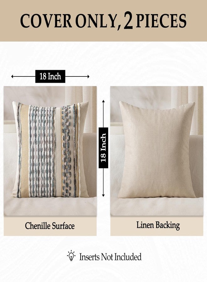 ANRODUO Pack of 2 Boho Decorative Throw Pillow Covers 20x20 Farmhouse Cushion Case Striped Chenille Pillow Cases Square Pillow Covers Accent Neutral Pillowcase for Sofa Couch Bed, Gray Blue Stripe - Image 4