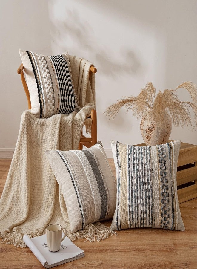 ANRODUO Pack of 2 Boho Decorative Throw Pillow Covers 20x20 Farmhouse Cushion Case Striped Chenille Pillow Cases Square Pillow Covers Accent Neutral Pillowcase for Sofa Couch Bed, Gray Blue Stripe - Image 2