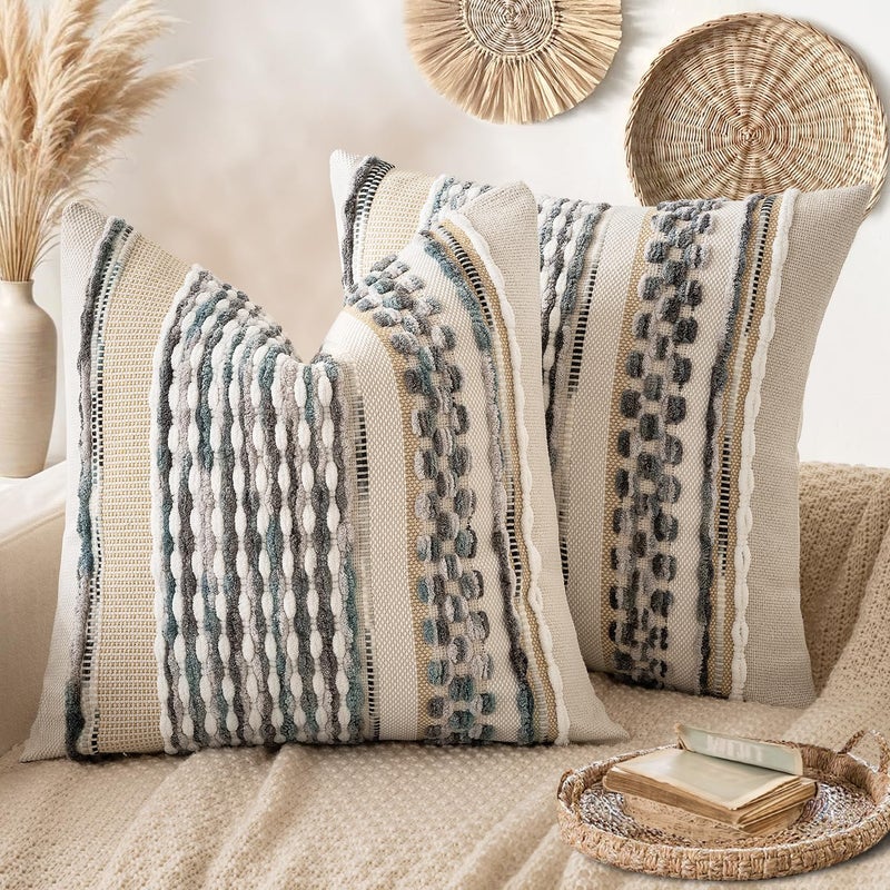 ANRODUO Pack of 2 Boho Decorative Throw Pillow Covers 20x20 Farmhouse Cushion Case Striped Chenille Pillow Cases Square Pillow Covers Accent Neutral Pillowcase for Sofa Couch Bed, Gray Blue Stripe - Image 1
