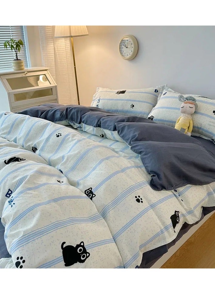 General Cartoon ins style super cute soft bamboo panda washed cotton sheet quilt cover four-piece set student bed three-piece set,Striped cat K, 1.2 three-piece set (dut cover 150x200)  - Image 1
