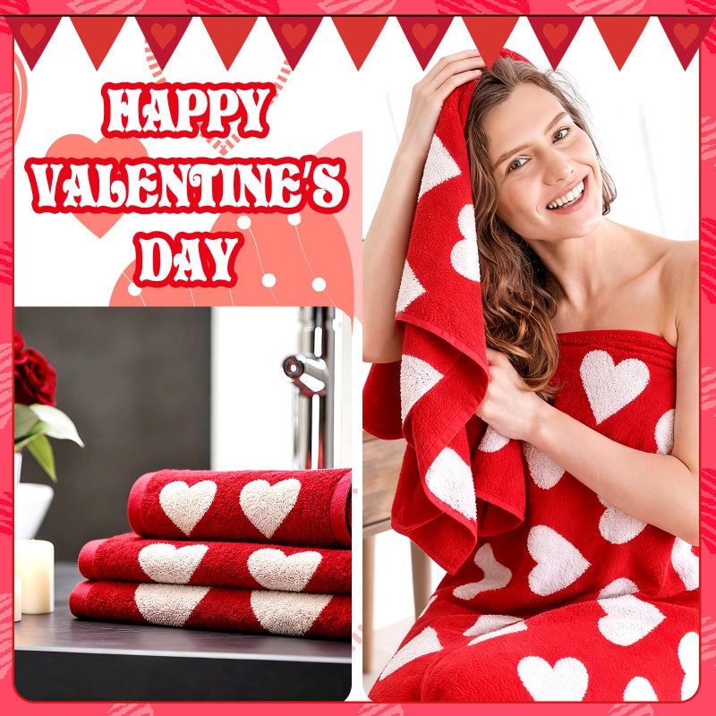 Mindsoft 2 Pcs Valentine's Day Bath Towels Gift for Women 55.12 x 27.56 Inches Red White Hearts Cotton Bath Towel Valentine's Extra Absorbent Quick Decorative Hand Towels for Bathroom Decor - Image 2