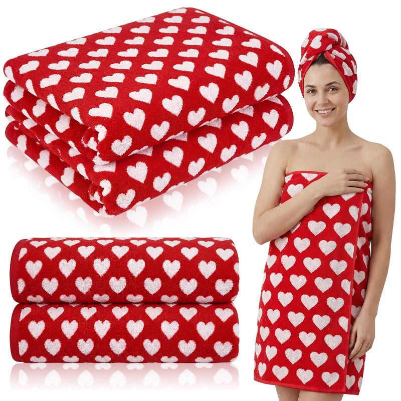 Mindsoft 2 Pcs Valentine's Day Bath Towels Gift for Women 55.12 x 27.56 Inches Red White Hearts Cotton Bath Towel Valentine's Extra Absorbent Quick Decorative Hand Towels for Bathroom Decor - Image 1