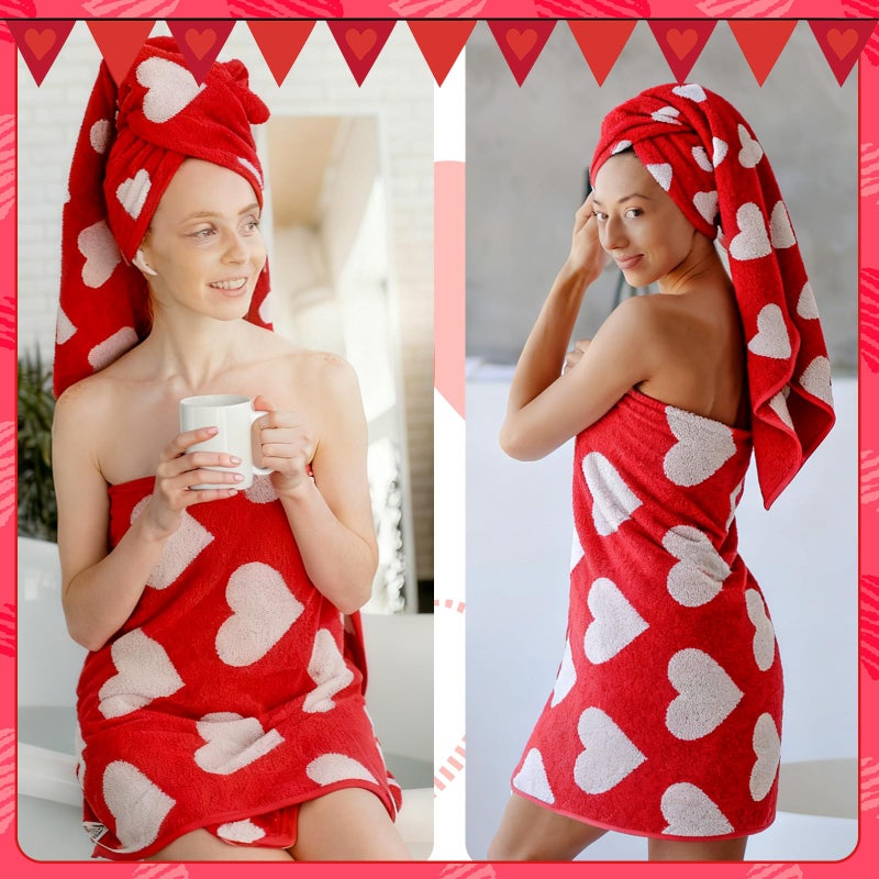 Mindsoft 2 Pcs Valentine's Day Bath Towels Gift for Women 55.12 x 27.56 Inches Red White Hearts Cotton Bath Towel Valentine's Extra Absorbent Quick Decorative Hand Towels for Bathroom Decor - Image 4