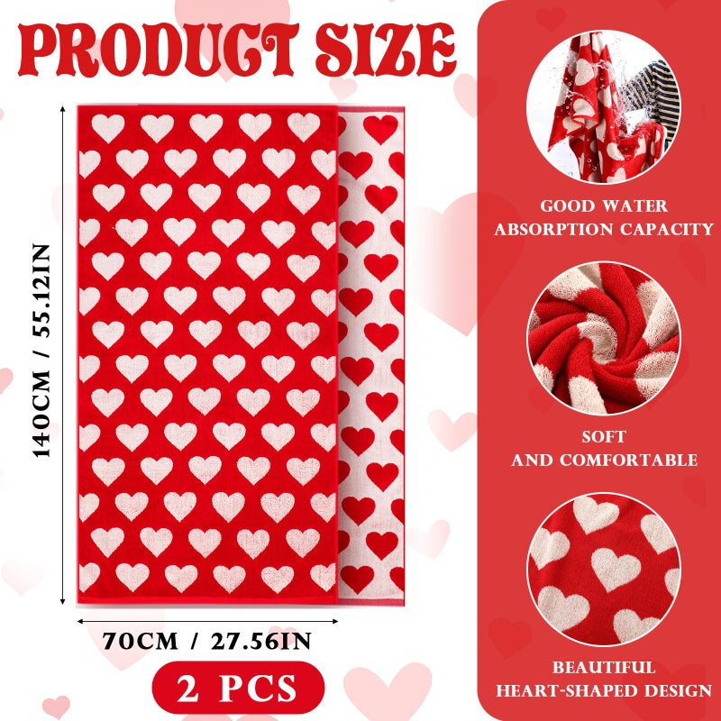 Mindsoft 2 Pcs Valentine's Day Bath Towels Gift for Women 55.12 x 27.56 Inches Red White Hearts Cotton Bath Towel Valentine's Extra Absorbent Quick Decorative Hand Towels for Bathroom Decor - Image 3