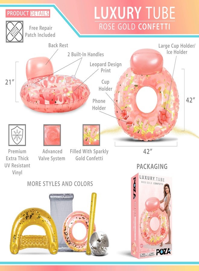 POZA Luxury Inflatable Lounge Pool Float with Back Rest - Inflatable Pool Chair Float for Adults Filled with Sparkle Confetti, Built-in Phone Holder, Cup Holders and Handles, 42 Inches - Rose Gold - Image 3