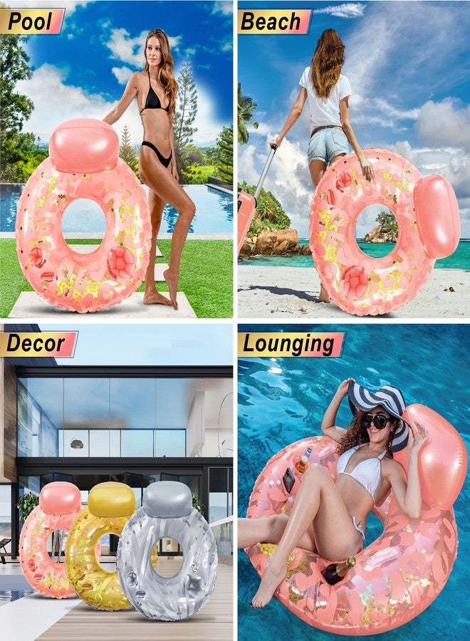 POZA Luxury Inflatable Lounge Pool Float with Back Rest - Inflatable Pool Chair Float for Adults Filled with Sparkle Confetti, Built-in Phone Holder, Cup Holders and Handles, 42 Inches - Rose Gold - Image 4