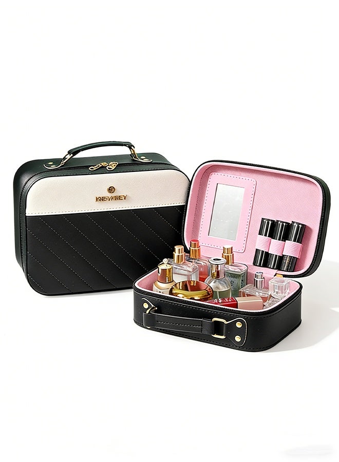 Makeup Bag with Mirror Travel Cosmetic Bag Waterproof Portable Bag Flat Cosmetic Bag Makeup Storage Bag with Handle Large Capacity Toiletries Bags Multifunctional Hand Storage Makeup Case for Women 25*11*18cm - Image 1