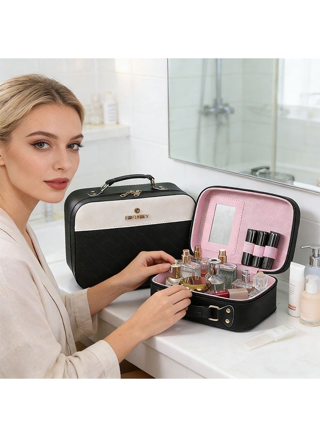 Makeup Bag with Mirror Travel Cosmetic Bag Waterproof Portable Bag Flat Cosmetic Bag Makeup Storage Bag with Handle Large Capacity Toiletries Bags Multifunctional Hand Storage Makeup Case for Women 25*11*18cm - Image 3