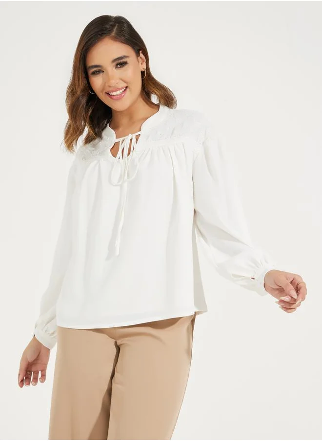 Styli Embroidery Detail Tie-Up Neck Blouse