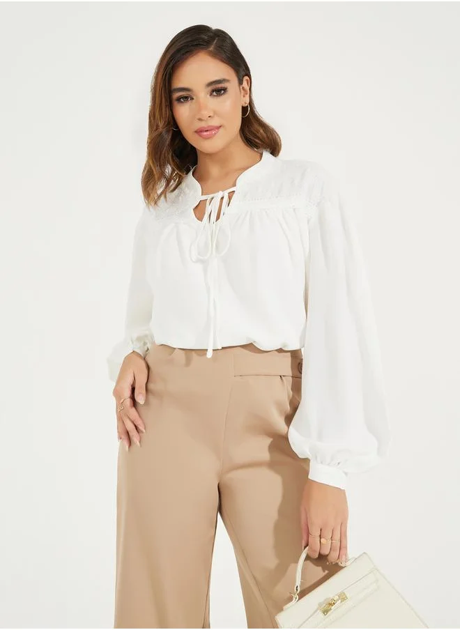 Styli Embroidery Detail Tie-Up Neck Blouse