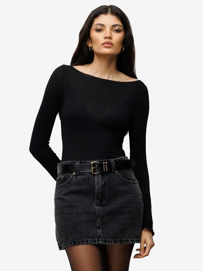 Mixray Black MIXRAY Slim Fit Boat Neck Blouse for Women | Best Price UAE