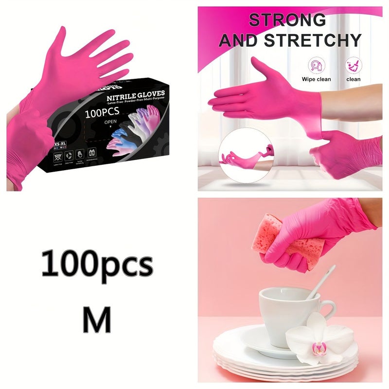 Rose Red Disposable Nitrile Gloves Box of 100 Pieces M Size Thickened for Home Cleaning Tattoos Nail Art - Image 1