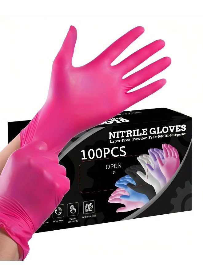 Rose Red Disposable Nitrile Gloves Box of 100 Pieces M Size Thickened for Home Cleaning Tattoos Nail Art - Image 2