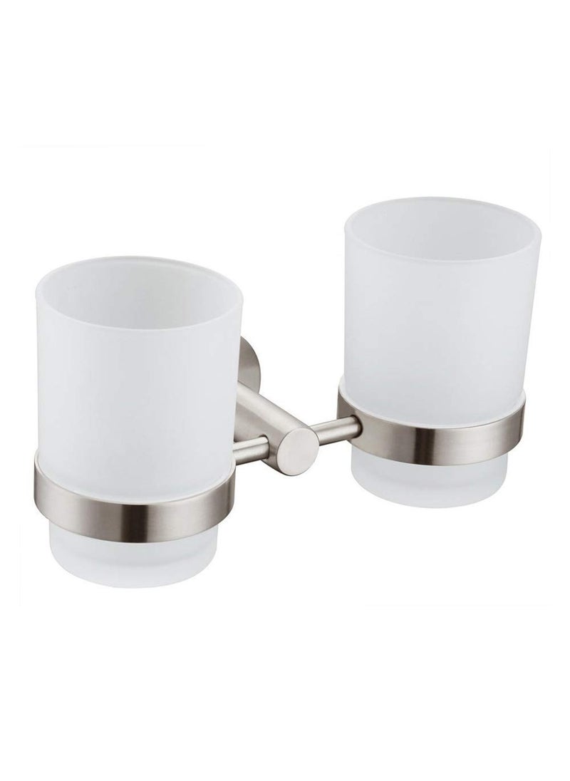 Angle Simple Double Toothbrush Holder Angle Simple SUS304 Stainless Steel Wall Mounted Glass Tumbler Holder with Frosted Glass Cup Toothpaste Razor Organizer Bathroom Storage Brushed Nickel 