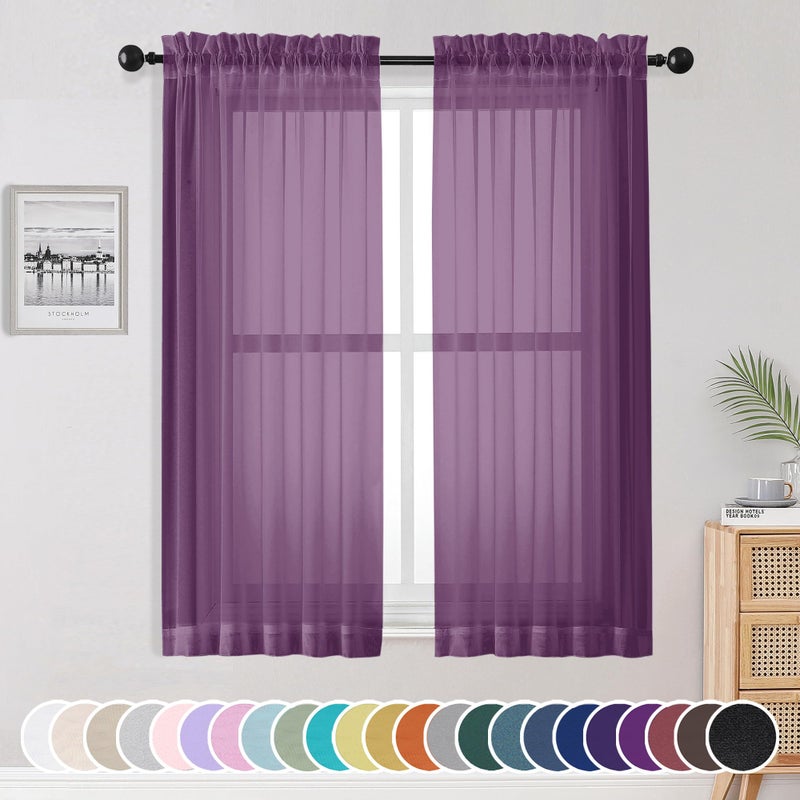 OWENIE Plum Sheer Curtains 63 Inches Long 2 Panels Set  Light Filtering Voile Fimly Sheer Curtains & Drapes for Living Room Bedroom  2pcs  Plum  Each 42"" W x 63"" L Inch - Image 1
