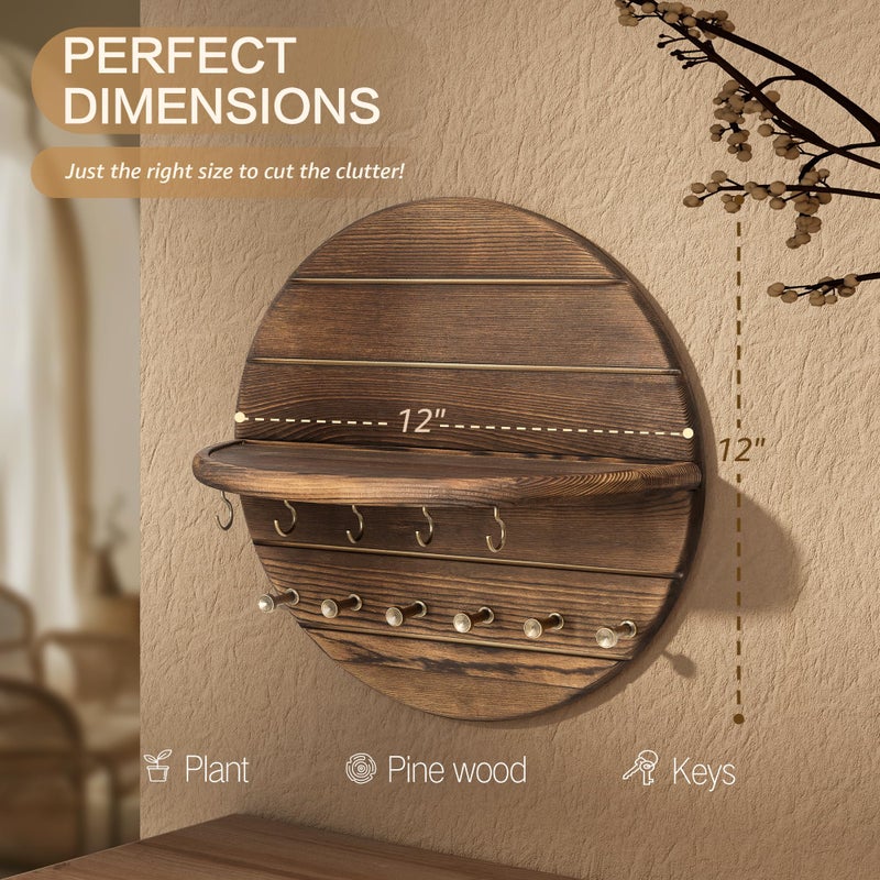 Rebee Vision Pine Wood Key Holder Wall Mount â€“ Rustic Wooden Key Hooks for Wall with Shelf â€“ Decorative Mail Organizer, Coat Rack & Dog Leash Holder for Home Decor, Entryway and Living Room (Brown) - Image 2