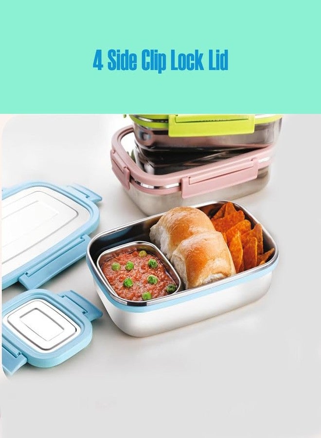 PARVY® Stainless Steel Lunch Box with 4 Side Clip Lock | Airtight, Leak Proof | Food Grade | Office & School Use | Safe & Durable | Easy to Carry | Ideal for Travel (650ML + 140ML) - Image 2