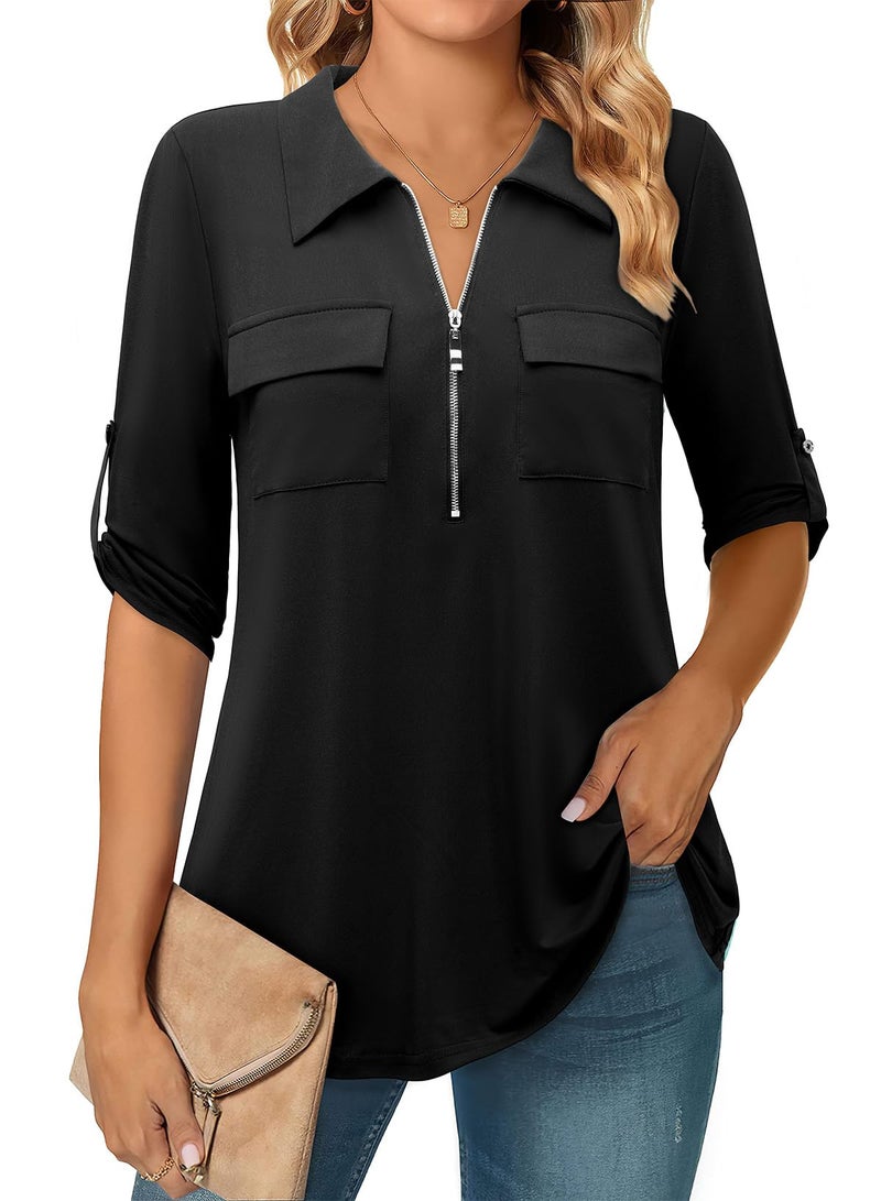 Bulotus Tunic Tops for Women 3/4 Sleeve, Work Blouses for Women Office V Neck Collared Business Casual Tunic Shirts, Black, Medium - Image 1