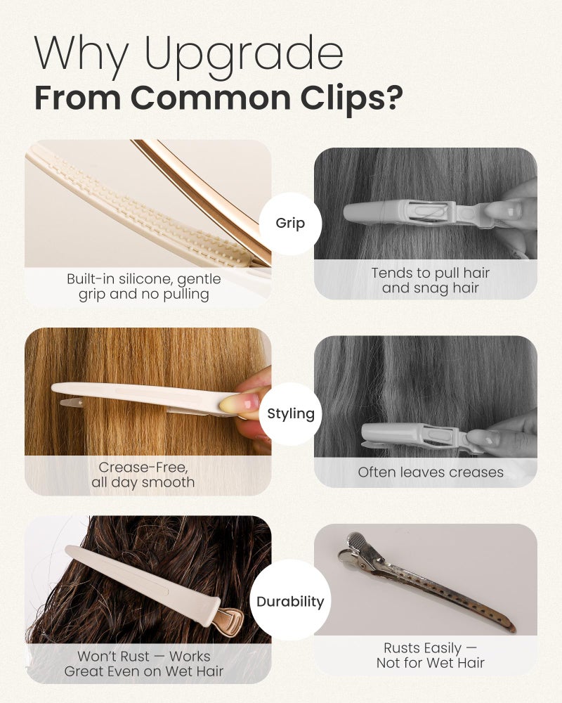 AIMIKE 4.8" Hair Clips for Styling â€“ Built-In Silicone Band Duckbill Hair Clips, No-Crease Sectioning Clips for Thick, Curly Hair, Ideal for Makeup, Hairstyling & Rollers, 6-Pack, Desert Titanium - Image 4