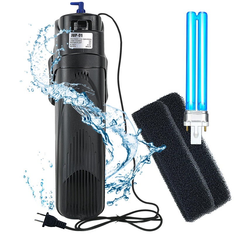 COOSPIDER Aquarium Filter Sun JUP-01 for 40-80 Gallon Tank Clear, U-V Fish Tank Green Clean Machine Submersible Pump w/ 1 Spare Bulb + 2 Replace Filter, 211gph 9 Watt - Image 1