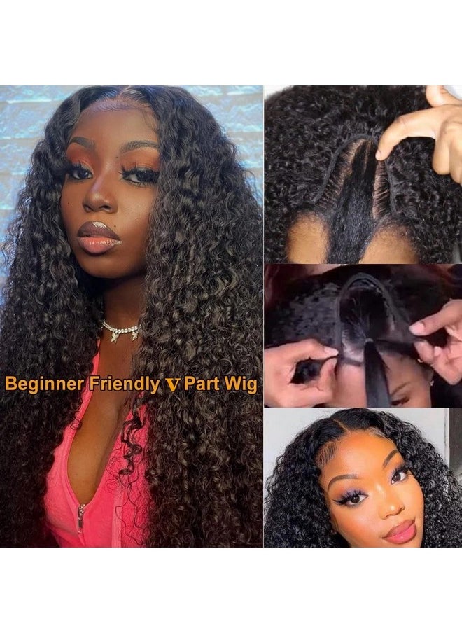 ISEE V Part Wig Human Hair Curly Minimalno Leave Out Upgrade U Part Wig For Black Women Human Hair V Shape Wig Kinky Curly Thin Part Glueless Clip In Half Wig 180% Density Natural Color 18 Inch  - Image 2