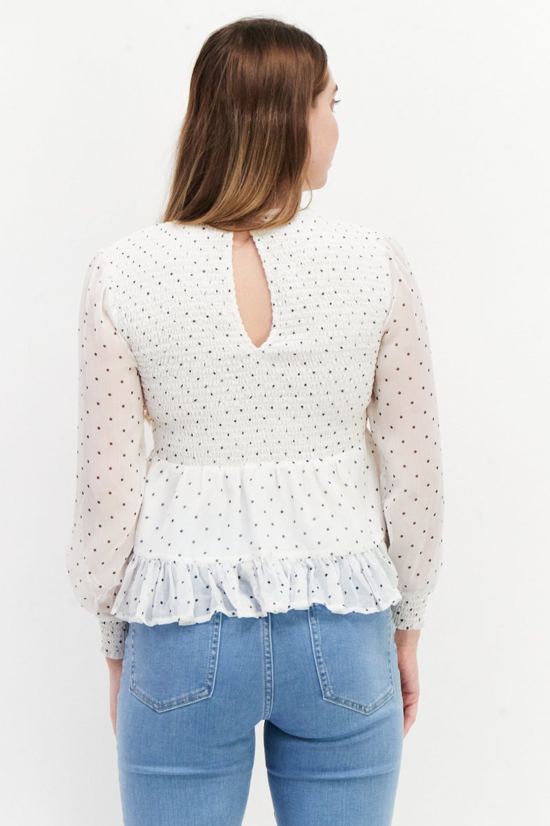Miss Selfridge Women Petite Round Neck Long Sleeve Polka Dots Blouse, White - Image 2