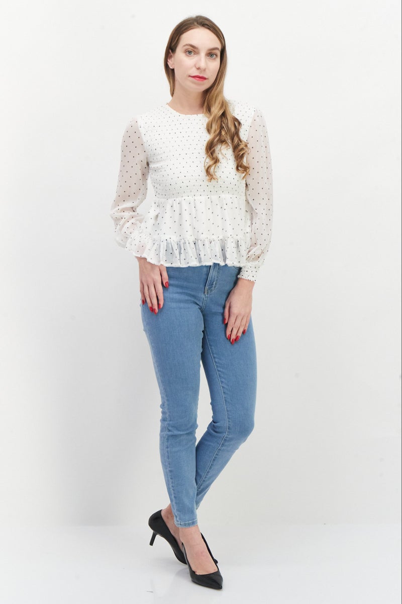 Miss Selfridge Women Petite Round Neck Long Sleeve Polka Dots Blouse, White - Image 4