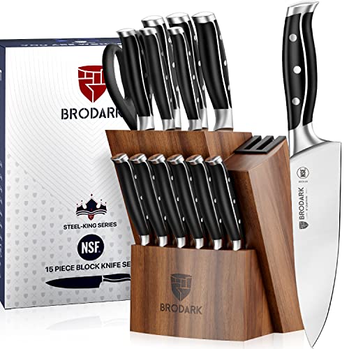 BRODARK Kitchen Knife Set with Block, Full Tang 15 Pcs Professional Chef Knife Set with Knife Sharpener, Food Grade German Stainless Steel Knife Block Set, Steel-king Series - Image 1