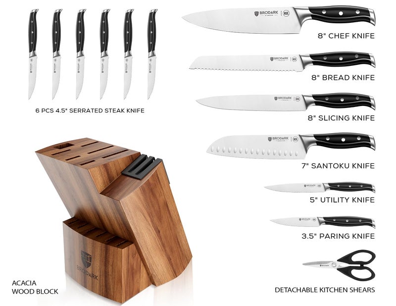 BRODARK Kitchen Knife Set with Block, Full Tang 15 Pcs Professional Chef Knife Set with Knife Sharpener, Food Grade German Stainless Steel Knife Block Set, Steel-king Series - Image 2